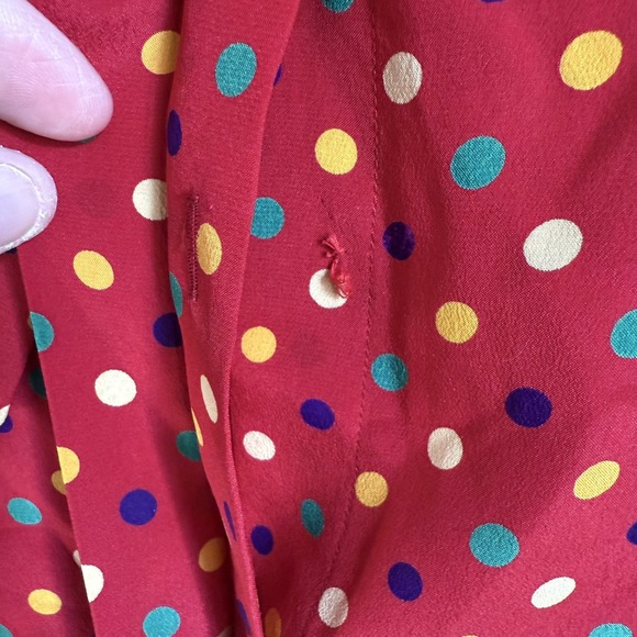 VTG Jean Halm Women's 14 Red Polka Dot 100% Silk Blouse Neck Tie Velvet Accents - Picture 7 of 16